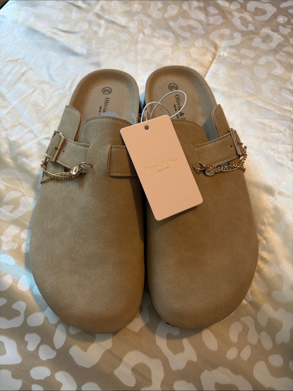 Olivia & Kate Women's Tan Suede Slip-On Clogs with Chain Detail size 9.5